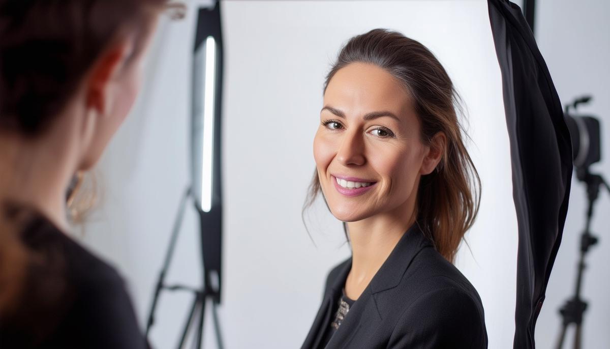 A professional photographer taking a corporate headshot of a businesswoman in a studio setting