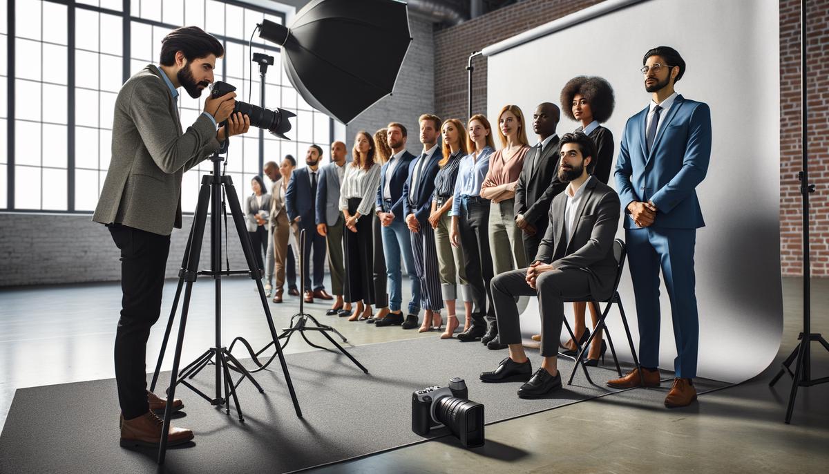 A professional headshot station set up at a corporate event with a photographer taking portraits of attendees