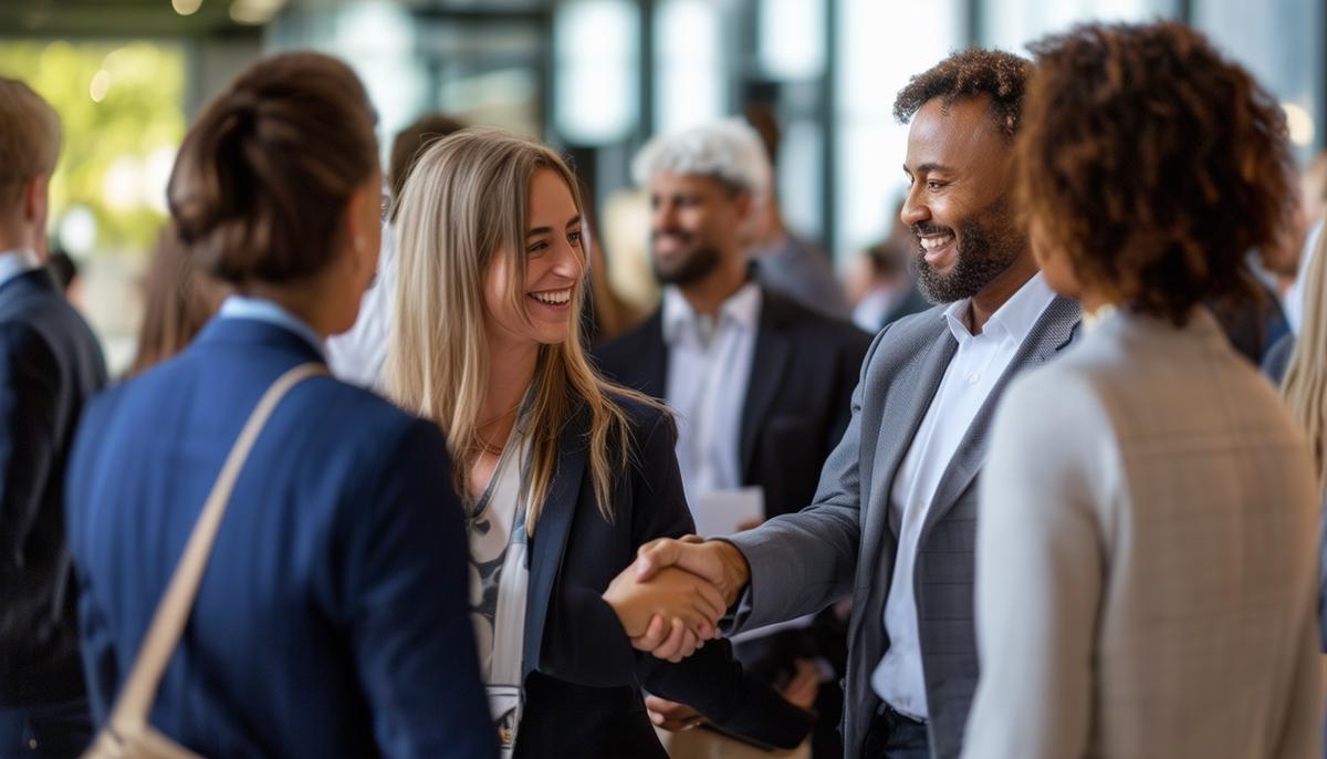 A diverse group of professionals networking at a corporate event in Dallas, with people engaged in conversations and handshakes