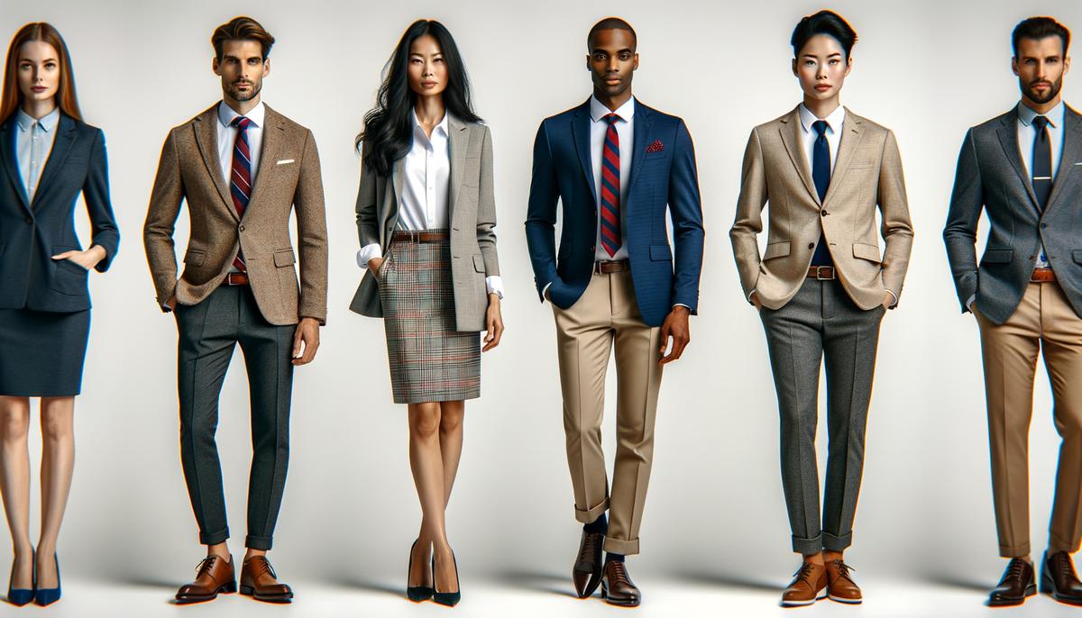 A visual guide showing examples of appropriate business attire for a corporate photo shoot, including coordinated colors and professional styles