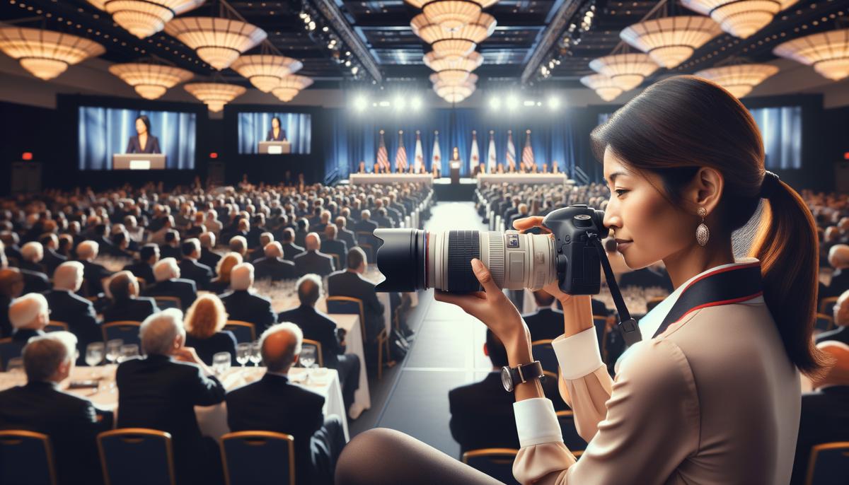A professional photographer capturing a keynote speech at a corporate event in Washington, DC