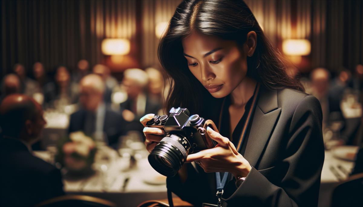 A corporate event photographer in Minneapolis adjusting their camera settings in a dimly lit conference room