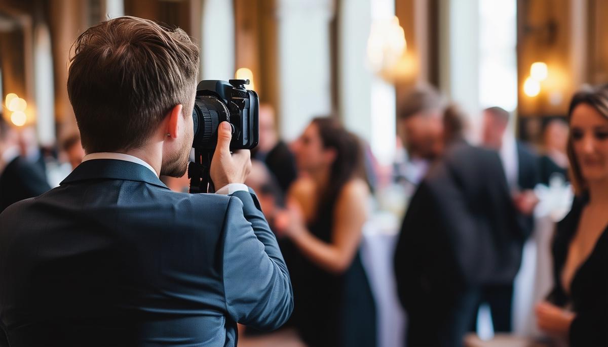 A professional photographer discreetly capturing a candid moment at a corporate event