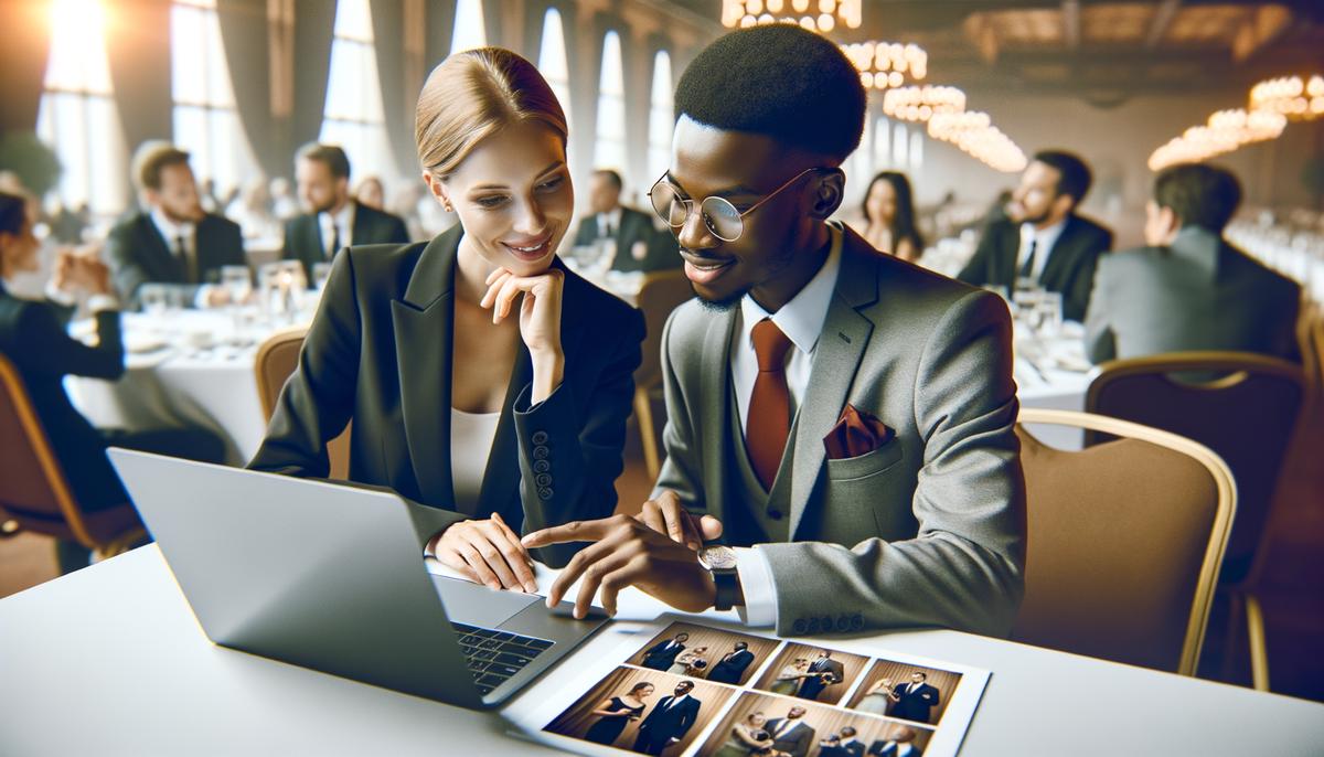 A corporate event photographer discussing shot preferences with a client while reviewing images on a laptop