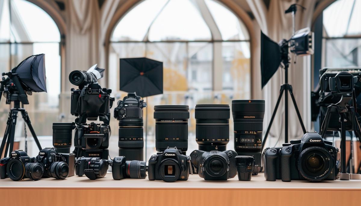 A display of professional photography equipment used for corporate events