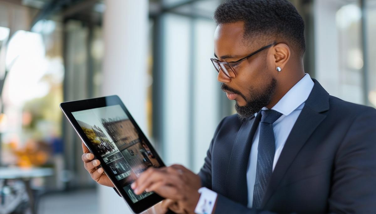 A corporate client reviewing a photographer's portfolio on a tablet