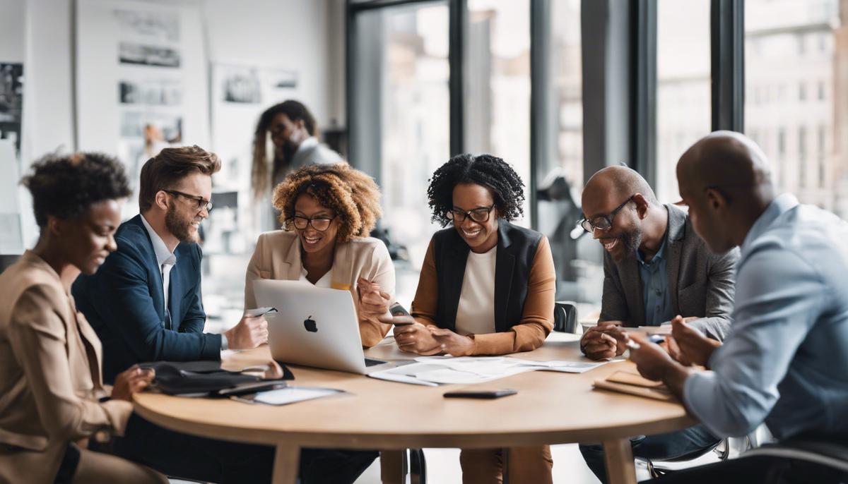 A group of diverse business professionals collaborating to create compelling visual stories using photography during a corporate workshop, with the goal of enhancing their company's brand narrative and digital engagement.