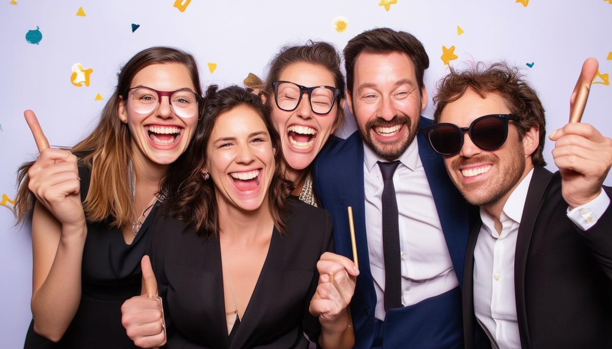 Coworkers in business attire let loose and bond while laughing and taking group photos with humorous props in a sleek, branded photo booth at a corporate event.
