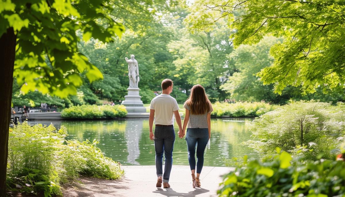 A couple holding hands while walking near the Frog Pond in Boston Common, surrounded by lush greenery