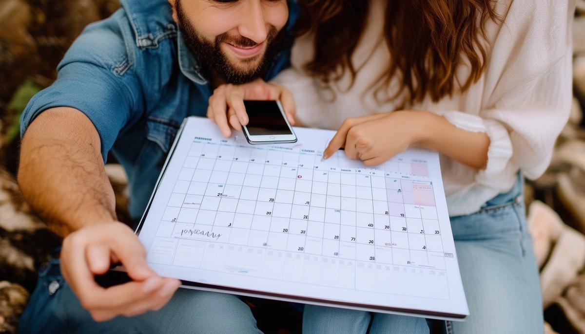 A couple planning their engagement photo session with a calendar and smartphone