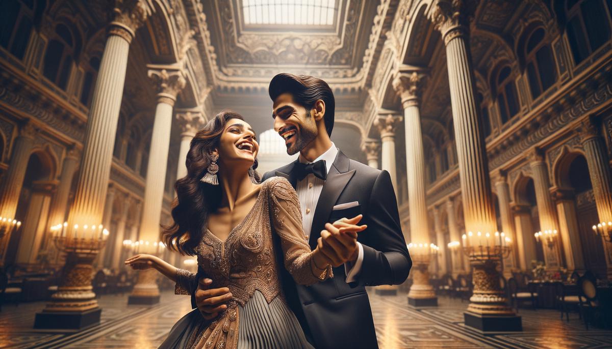 A couple dancing and laughing together in an elegant, historic ballroom with ornate architecture and romantic lighting.