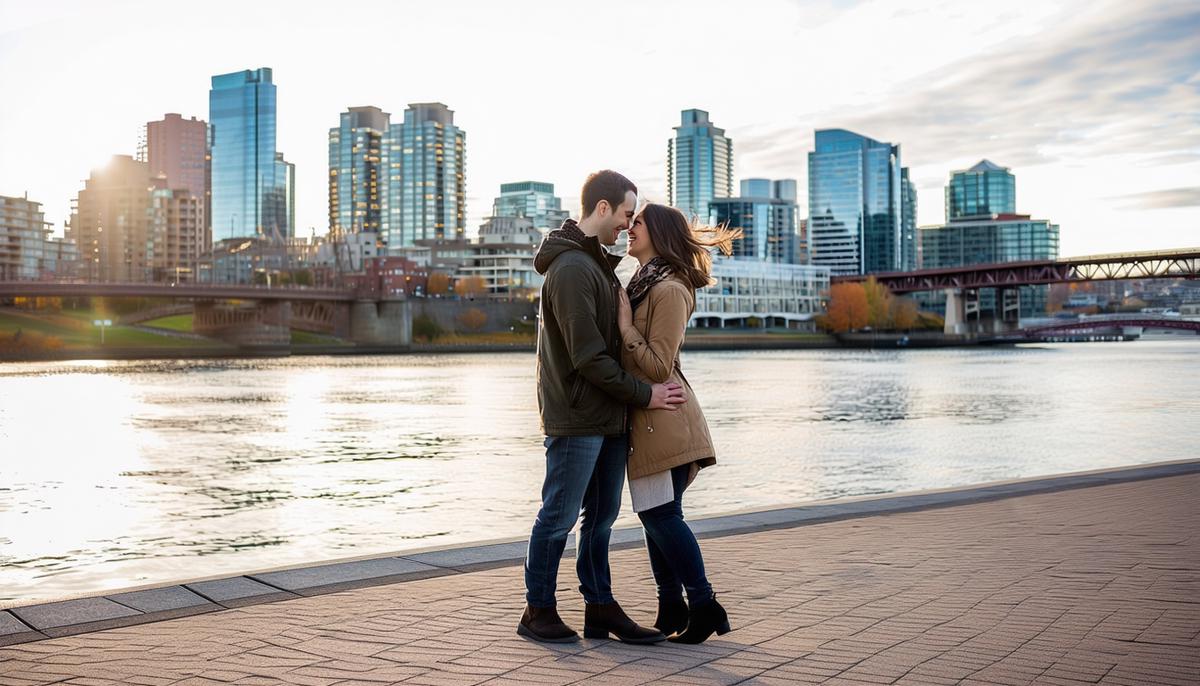 A couple posing for an engagement photo on the Eastbank Esplanade with Portland's skyline in the background
