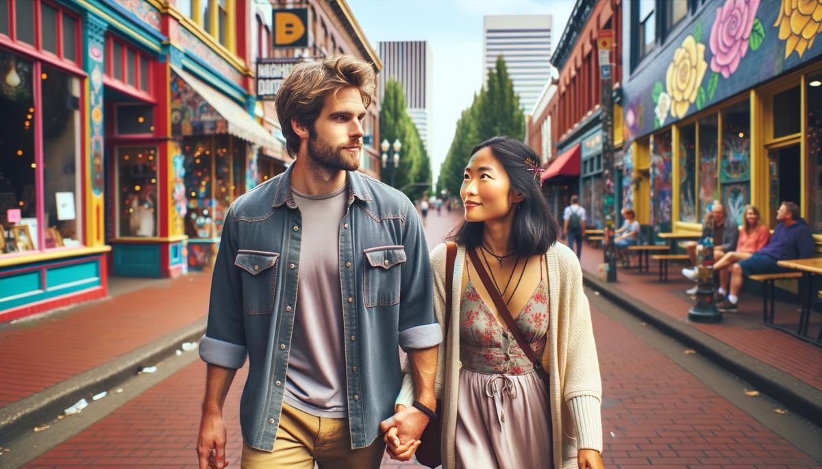 A couple exploring Division Street in Portland, surrounded by colorful storefronts and street art