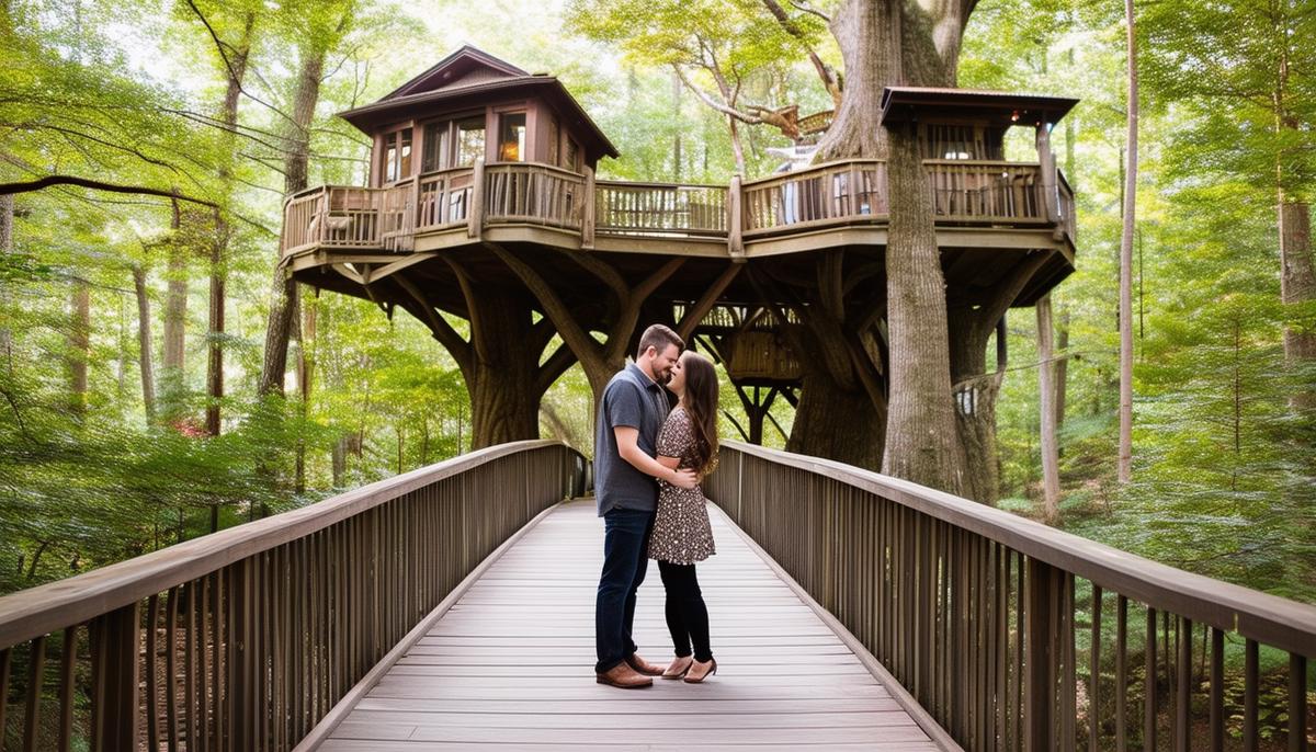 Engaged couple posing on a bridge in front of a massive treehouse at Garvan Woodland Gardens