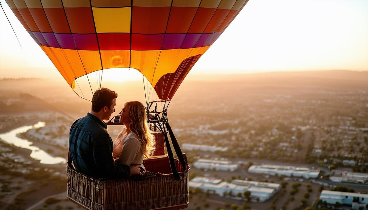 A couple having their engagement photos taken in a hot air balloon over San Diego
