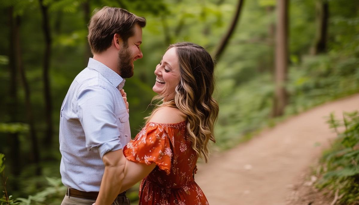 Engaged couple sharing a playful moment on a trail in Hot Springs National Park