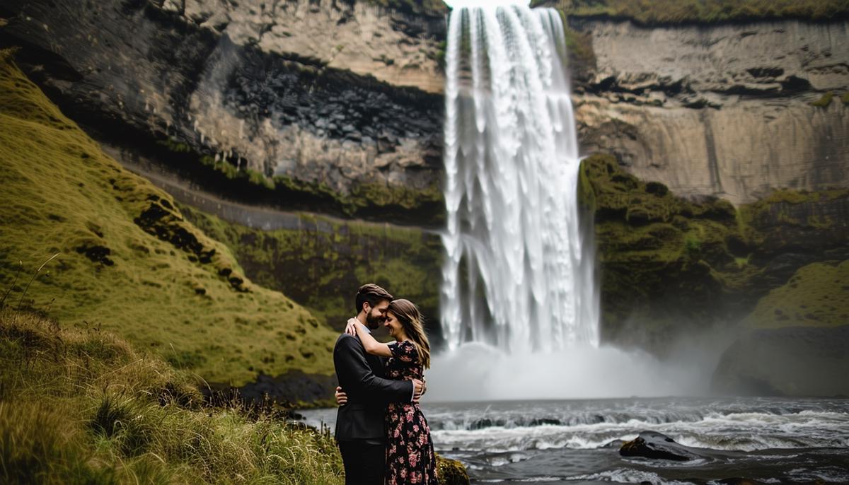 A couple embracing in front of Latourell Falls in the Columbia River Gorge