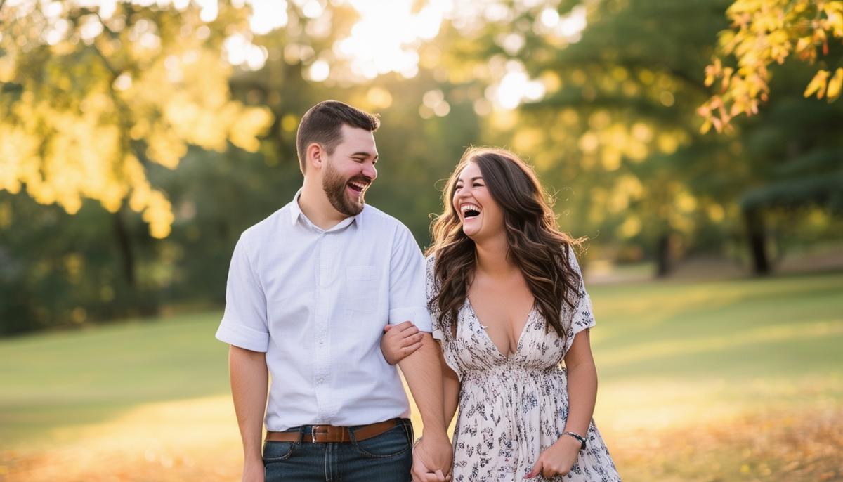 A happy couple laughing during their engagement photo session in a park