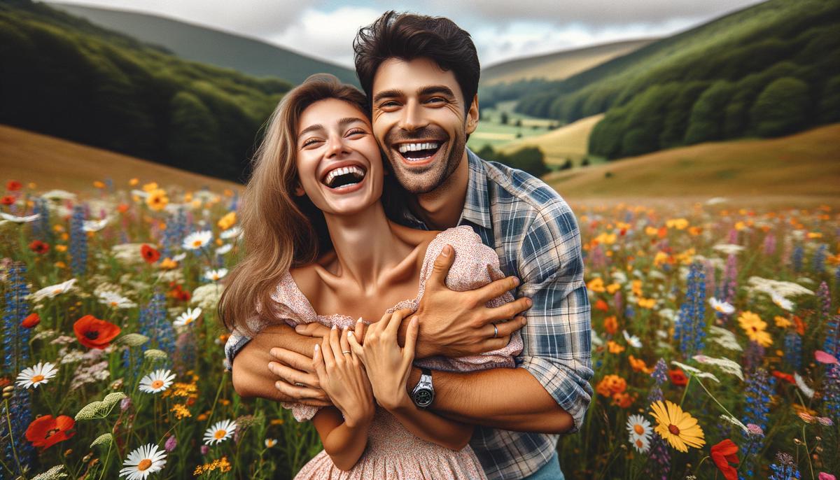 couple laughing in field of wildflowers