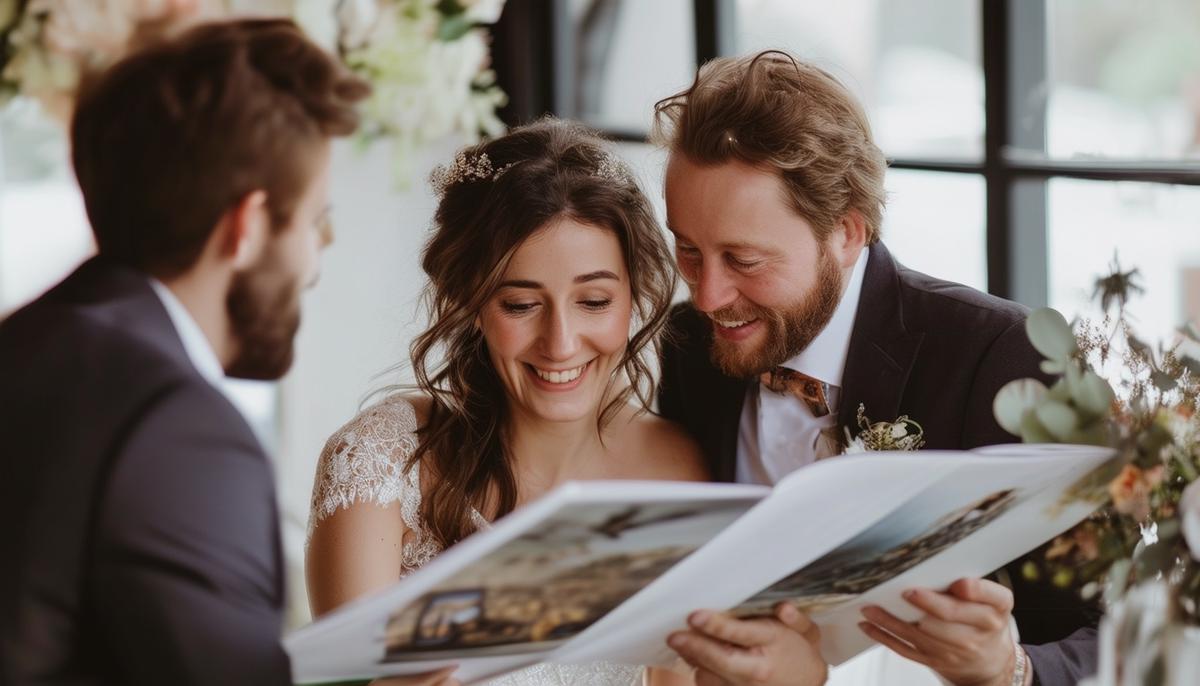A happy couple meeting with a wedding photographer, looking at a portfolio together