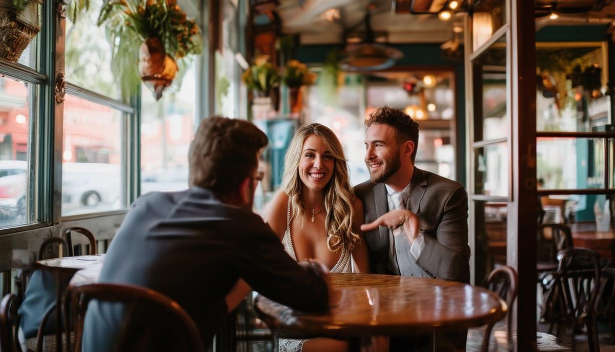 A couple meeting with a wedding photographer in a New Orleans cafe