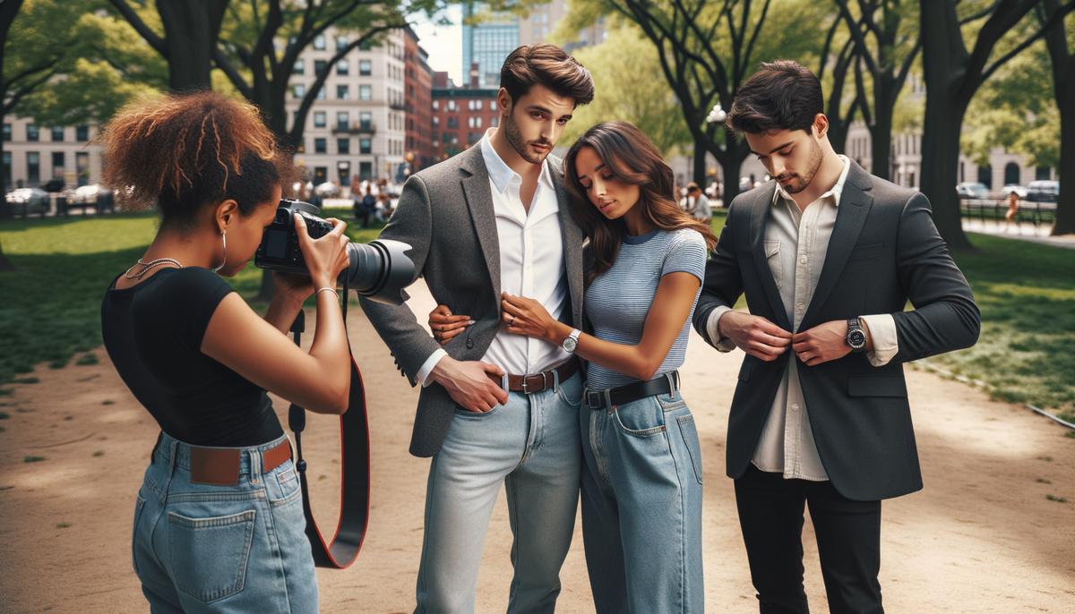 A couple changing outfits during their engagement photo shoot, with a mix of casual and formal attire visible