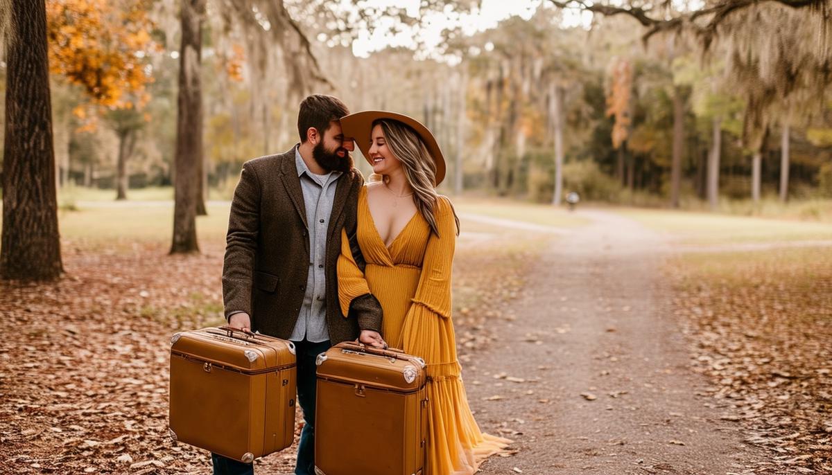 Engaged couple in coordinated fall outfits with vintage suitcases at Cedar Glades Park