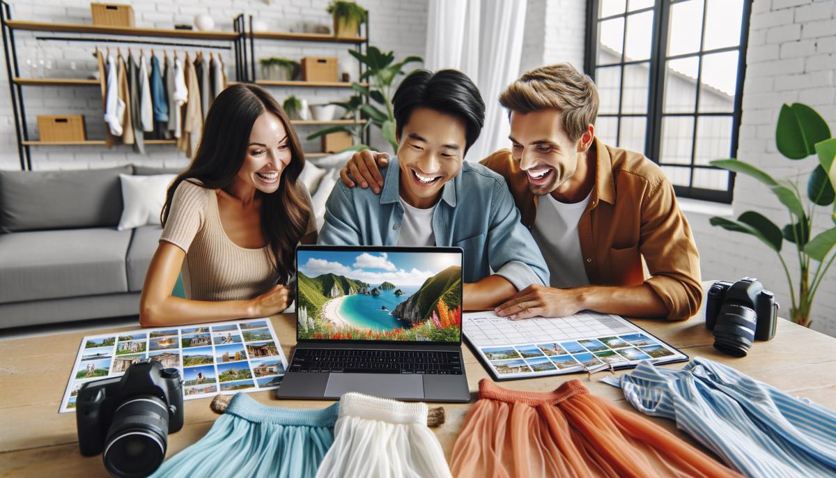A couple planning their engagement photo session with a photographer, looking at location photos and outfits