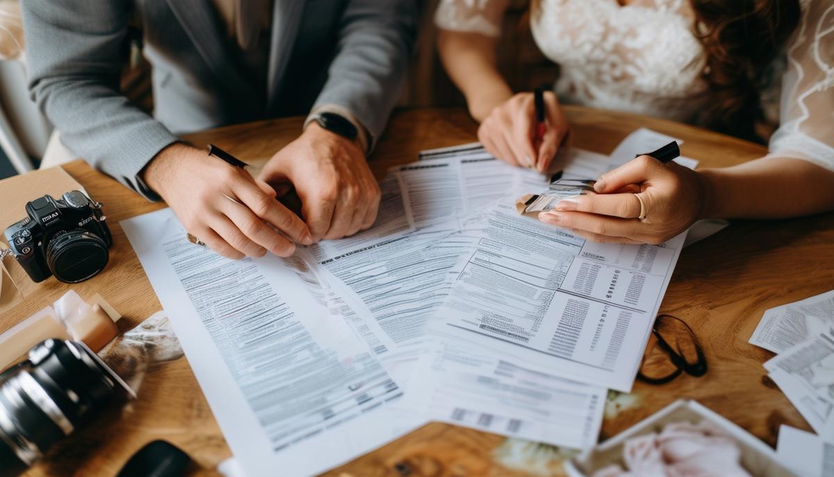 A couple reviewing their wedding budget with a focus on photography costs, surrounded by wedding planning materials