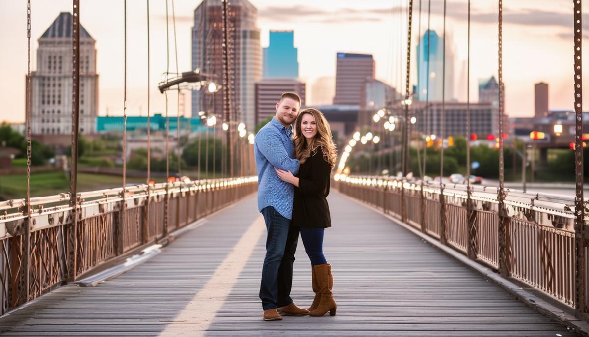 A couple posing for an engagement photo on the Shelby Street Bridge with the Nashville skyline in the background