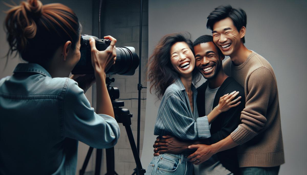 A couple practicing poses and laughing with their photographer during an engagement photo session in a professional studio.