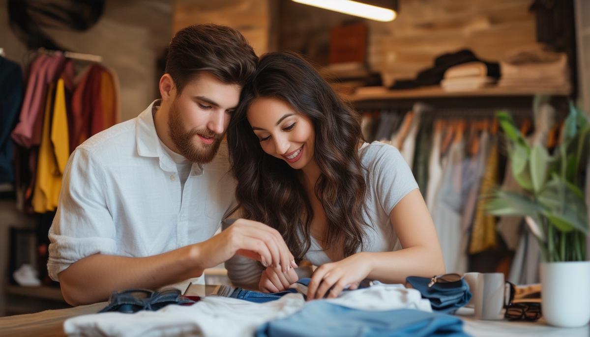 A couple preparing for their engagement photo session, selecting outfits and accessories