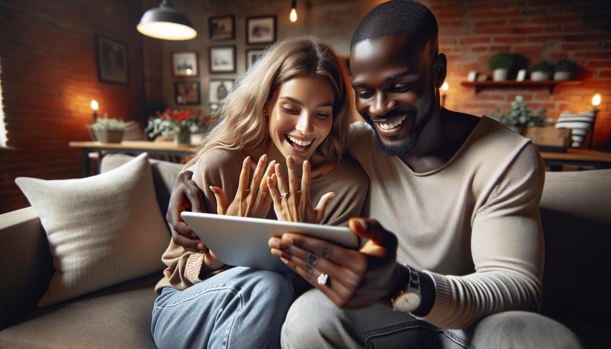 A couple reviewing their engagement photos with excitement