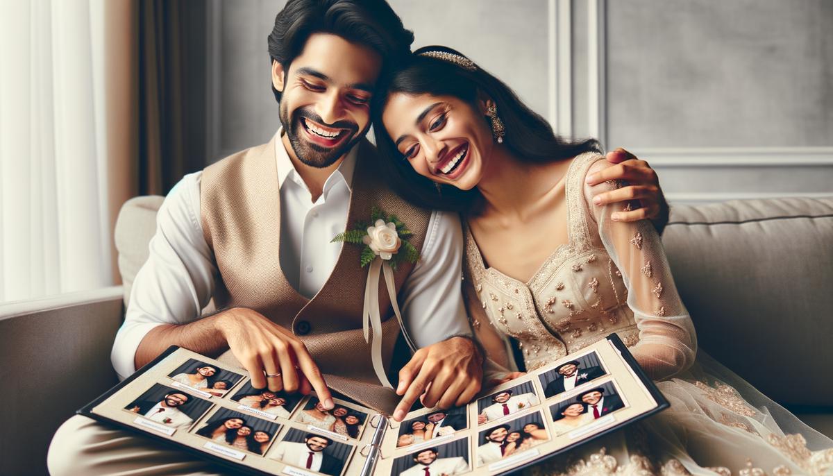A newlywed couple reviewing their wedding photo booth scrapbook with joy