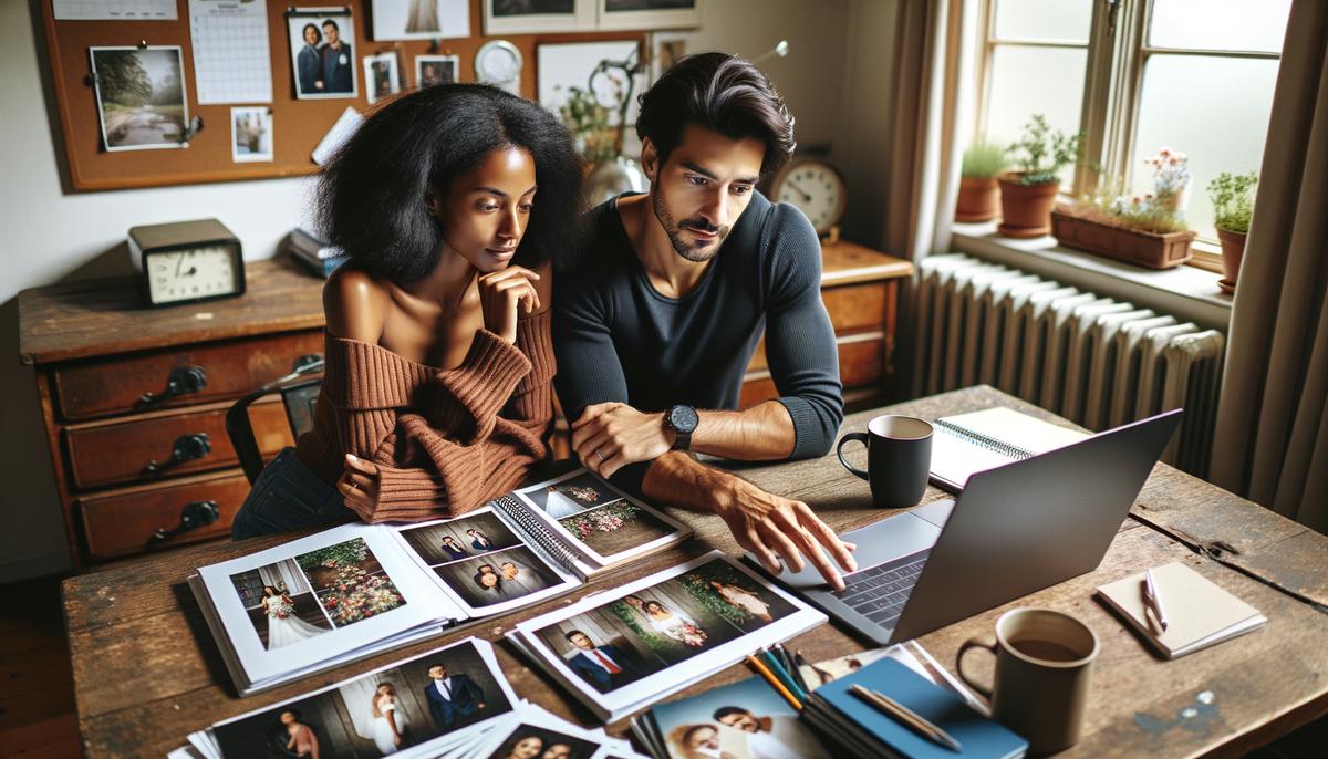 A couple sitting together, reviewing wedding photographer portfolios on a laptop and in print