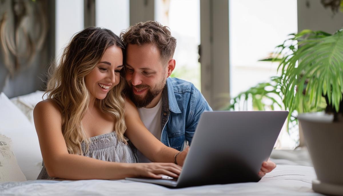 A couple reviewing engagement photographer portfolios on a laptop