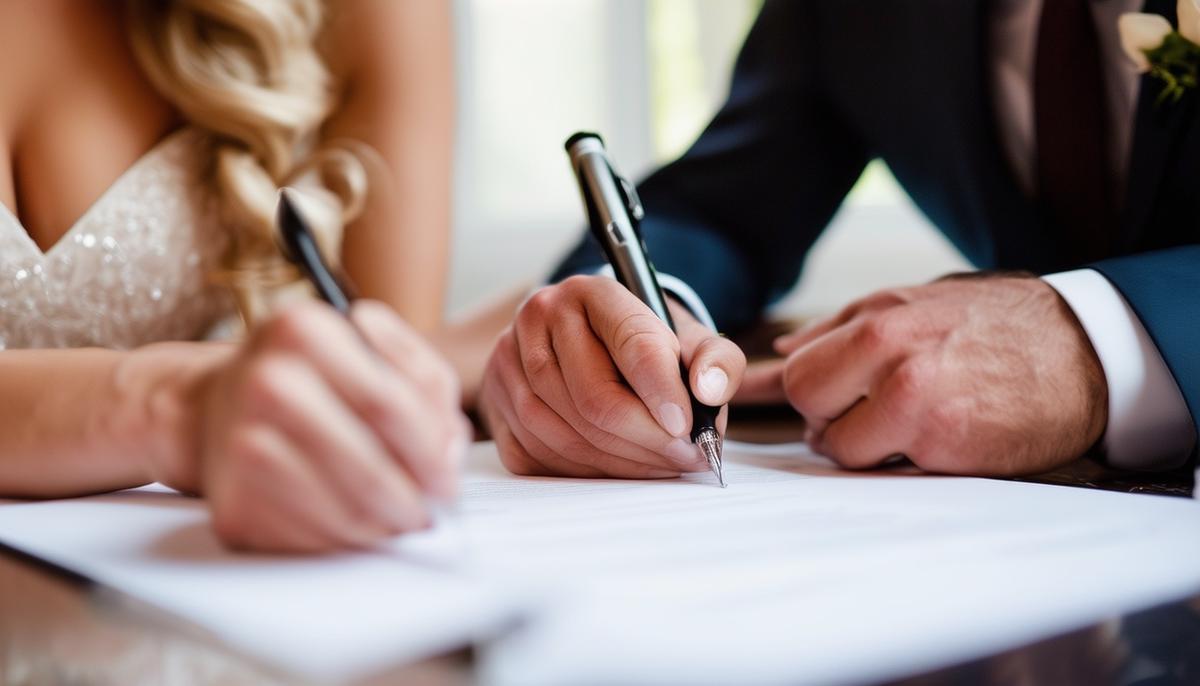 A couple signing a contract with their wedding photographer