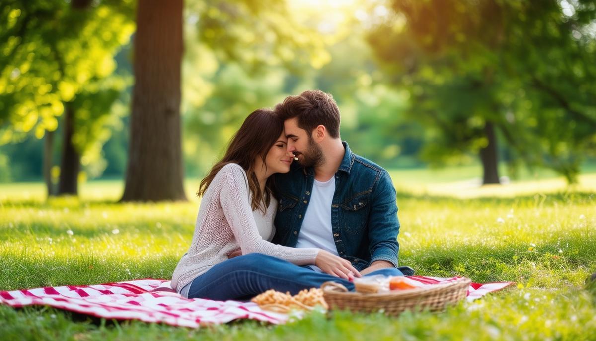 A couple snuggling affectionately on a picnic blanket in a lush, green park surrounded by trees and nature.