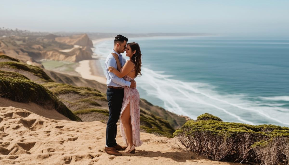 A couple posing for engagement photos at Torrey Pines State Natural Reserve overlooking the ocean