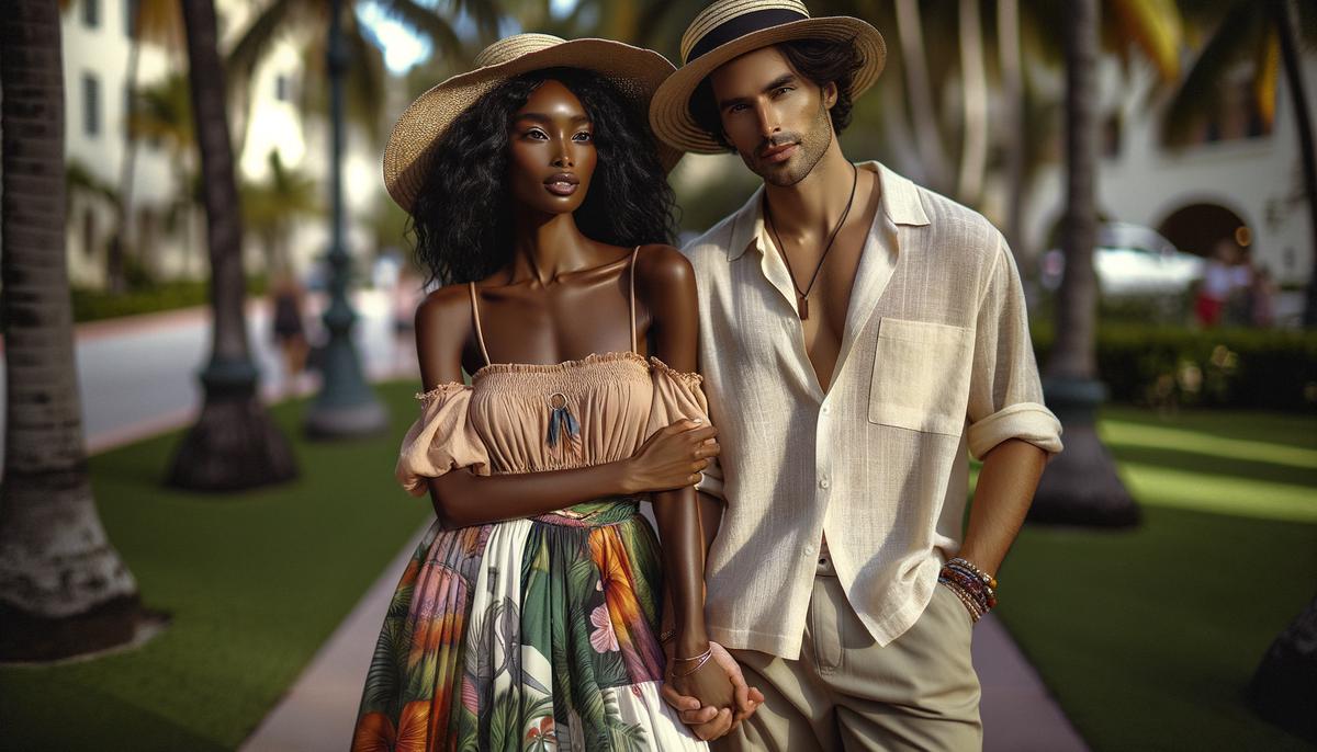 An engaged couple wearing tropical-inspired outfits for their engagement photoshoot in Miami