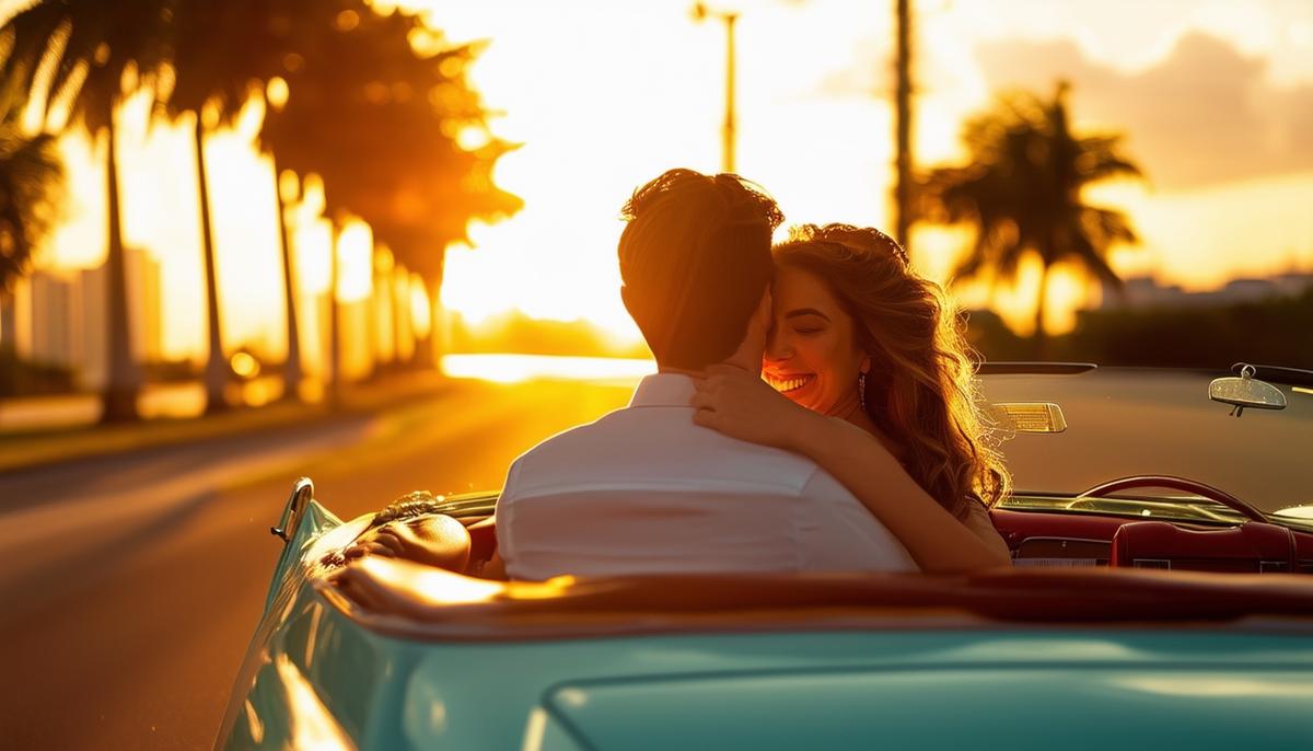 An engaged couple in a vintage convertible during a sunset drive for their engagement photoshoot in Miami