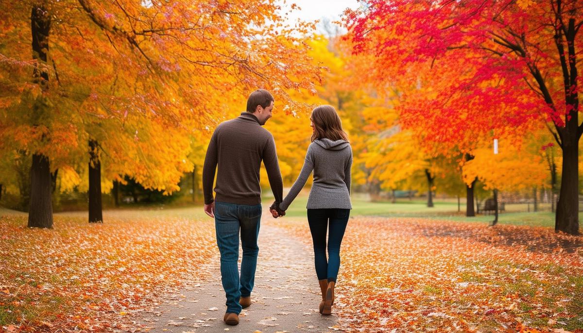 A loving couple walking hand in hand through a picturesque autumn park, with vibrant fall foliage surrounding them.