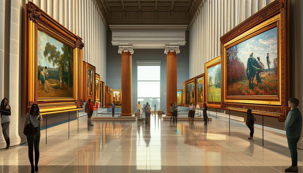 Interior view of The Parthenon in Nashville showcasing the Cowan Collection of American Art, with Impressionist paintings displayed against the backdrop of Greek-inspired architecture