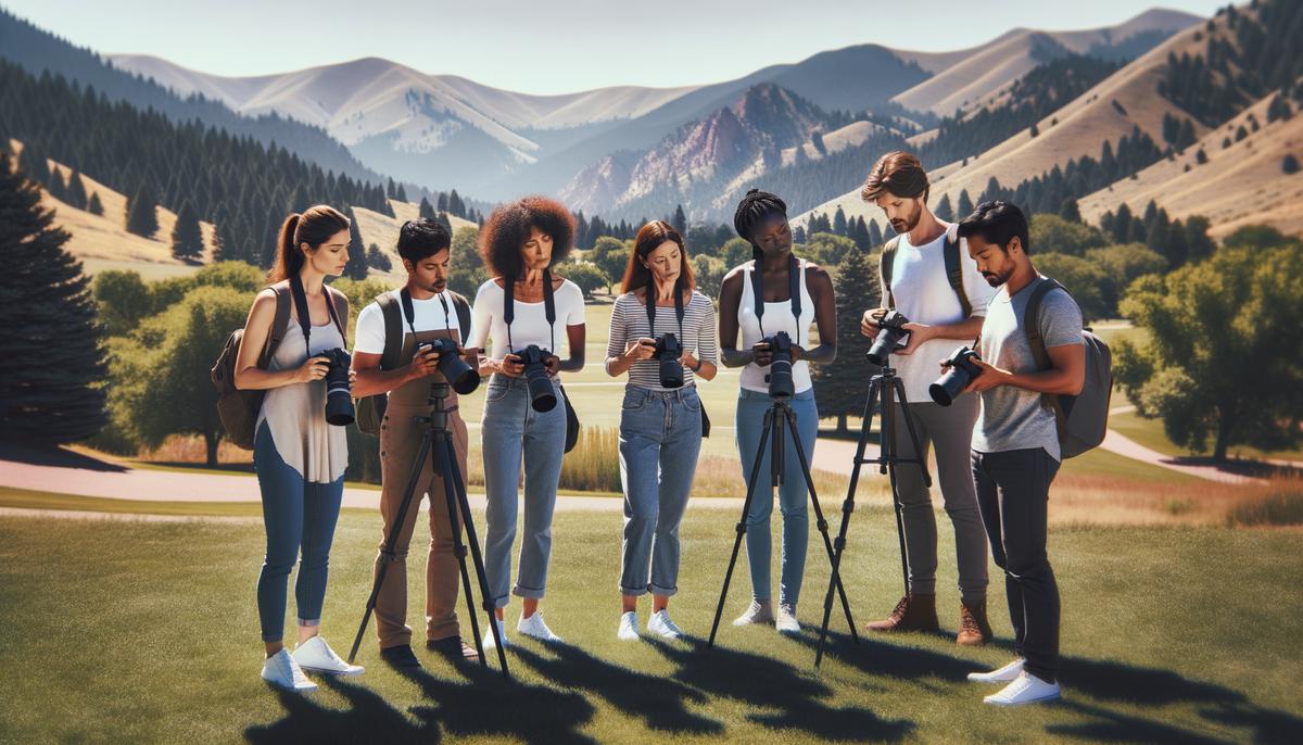 A group of photographers practicing composition techniques in a scenic Denver park