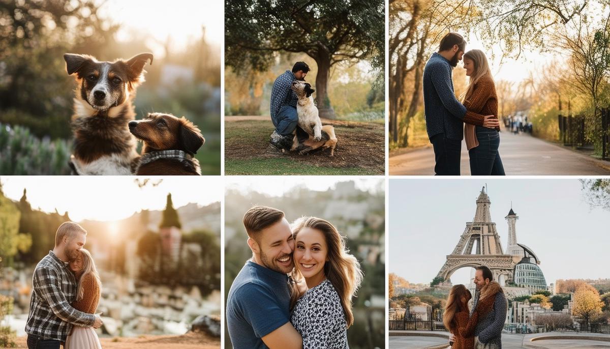 A collage of creative engagement photo ideas including couples with pets, at landmarks, and showcasing hobbies