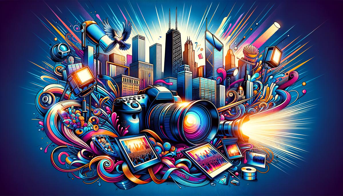 A creative composition showcasing various aspects of event photography in Chicago, including equipment, edited photos, and a cityscape backdrop