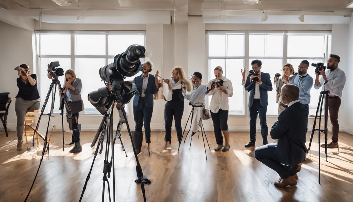 A diverse group of business professionals participating in creative photography exercises during a corporate workshop, experimenting with different camera settings and techniques to capture unique and compelling images.
