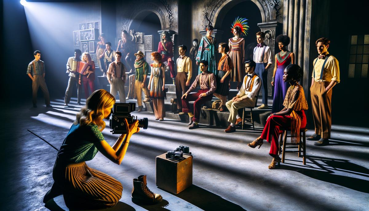A photographer directing a creative, themed photoshoot with colorful props and costumes