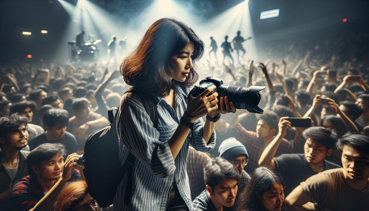 A concert photographer navigating through a crowded venue with camera in hand