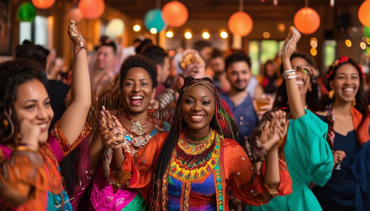 A diverse group of people celebrating at a culturally-themed party in Minneapolis, showcasing various traditional outfits and decorations